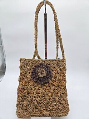 Handcrafted Woven Straw Shoulder Bag With Floral Accent & Boho-Inspired Lining L